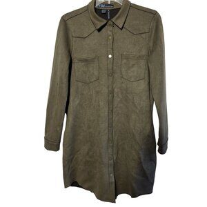 FDJ Faux Suede Boho Western Shirt Dress XS Olive Autumn Button-Down Pockets New
